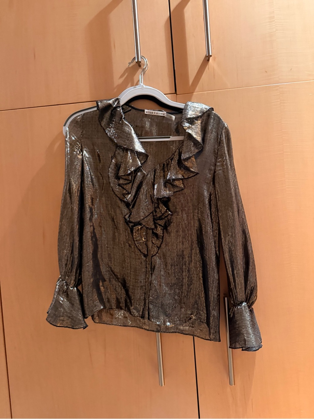 Alice + Olivia Metallic Ruffle Blouse in Silver